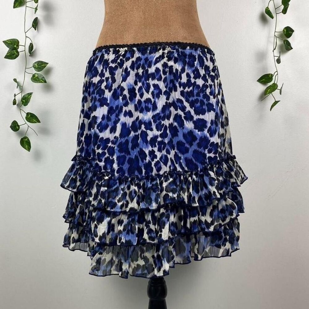Y2k Blue leopard print ruffle skirt tiered indie sleaze 2000s 90s rave festival